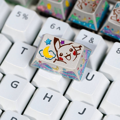 Pok é mon series, Pikachu themed design, keycaps made of aluminum alloy material CNC integrated precision machining personalized keycaps, mechanical keyboard decorative keycaps