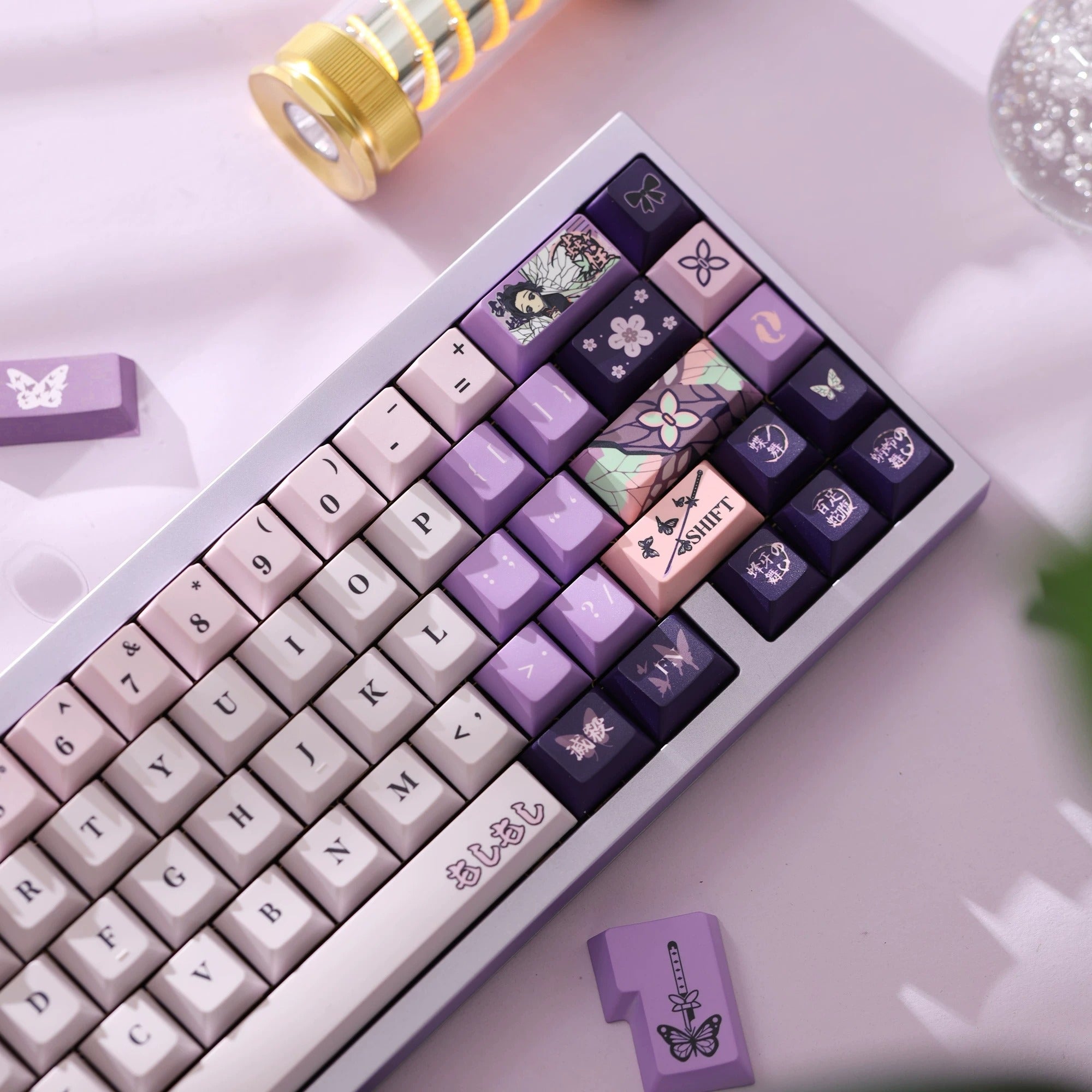 Demon Slayer: Kimetsu no Yaiba series, Kochou Shinobu theme, original high PBT material keycaps, full five sided thermal sublimation process mechanical keyboard custom set keycaps