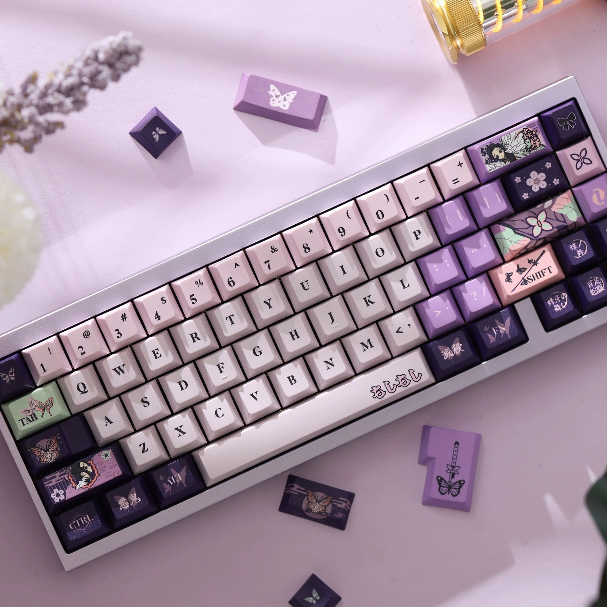 Demon Slayer: Kimetsu no Yaiba series, Kochou Shinobu theme, original high PBT material keycaps, full five sided thermal sublimation process mechanical keyboard custom set keycaps