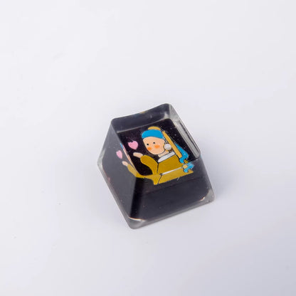 Hand drawn Het meisje met de parel crystal resin personalized keycaps, artistic decorative keycaps, handmade keyboard keycaps