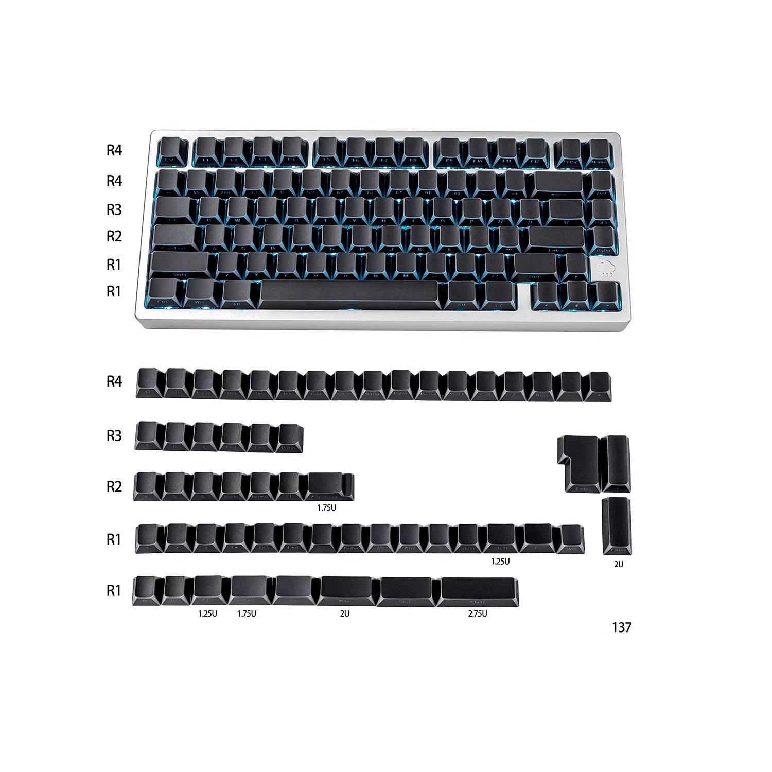 Black/white/gray gradient folded edges, transparent side engraved keyboard keycaps, customized PBT two-color injection molding