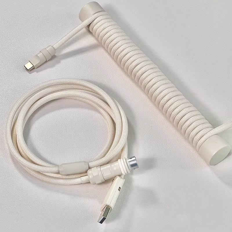 Ivory white handmade custom keyboard 1.5M aviation plug spiral data cable, overall white hardware white