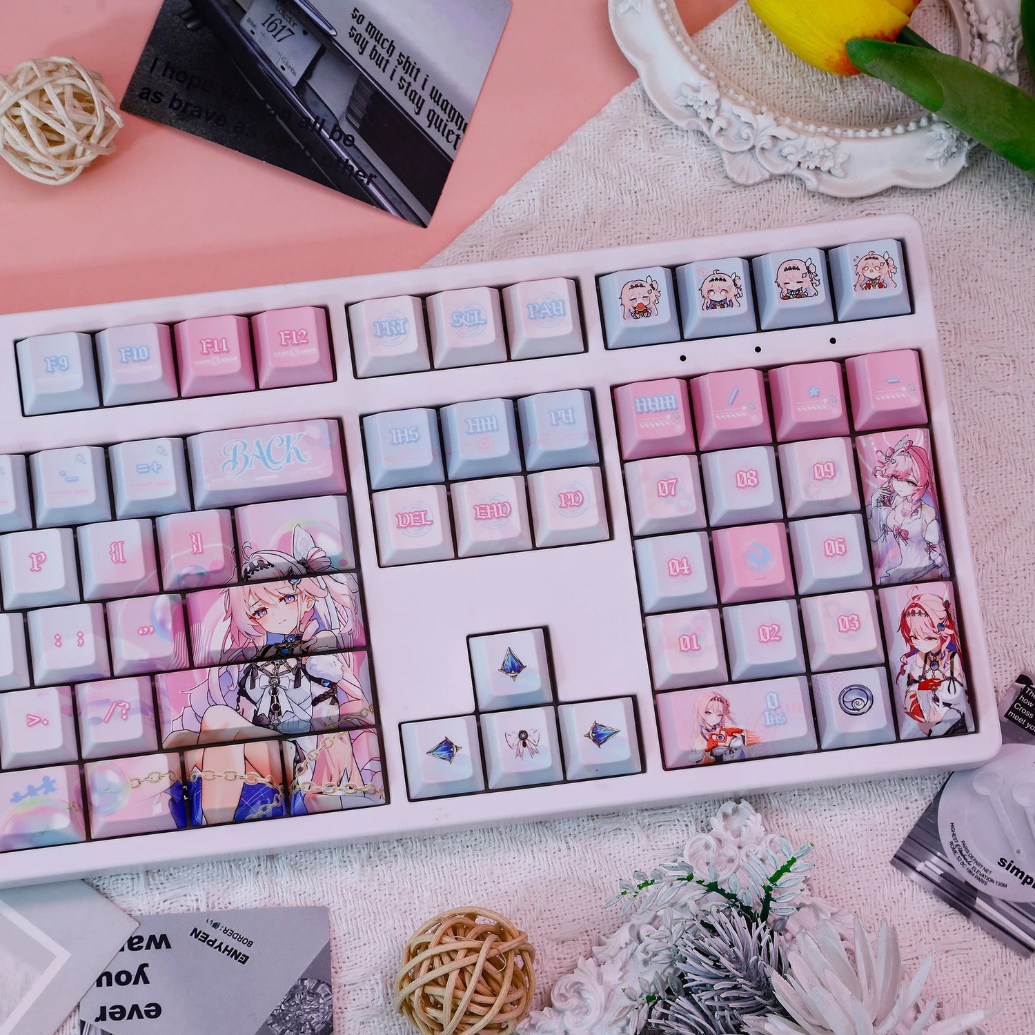Wuthering Waves，Denia， PBT material personalized keycap set, anime keycap culture peripheral mechanical keyboard decoration keycaps， Compatible with 61/64/68/75/84/87/104 key mechanical keyboard keycap set