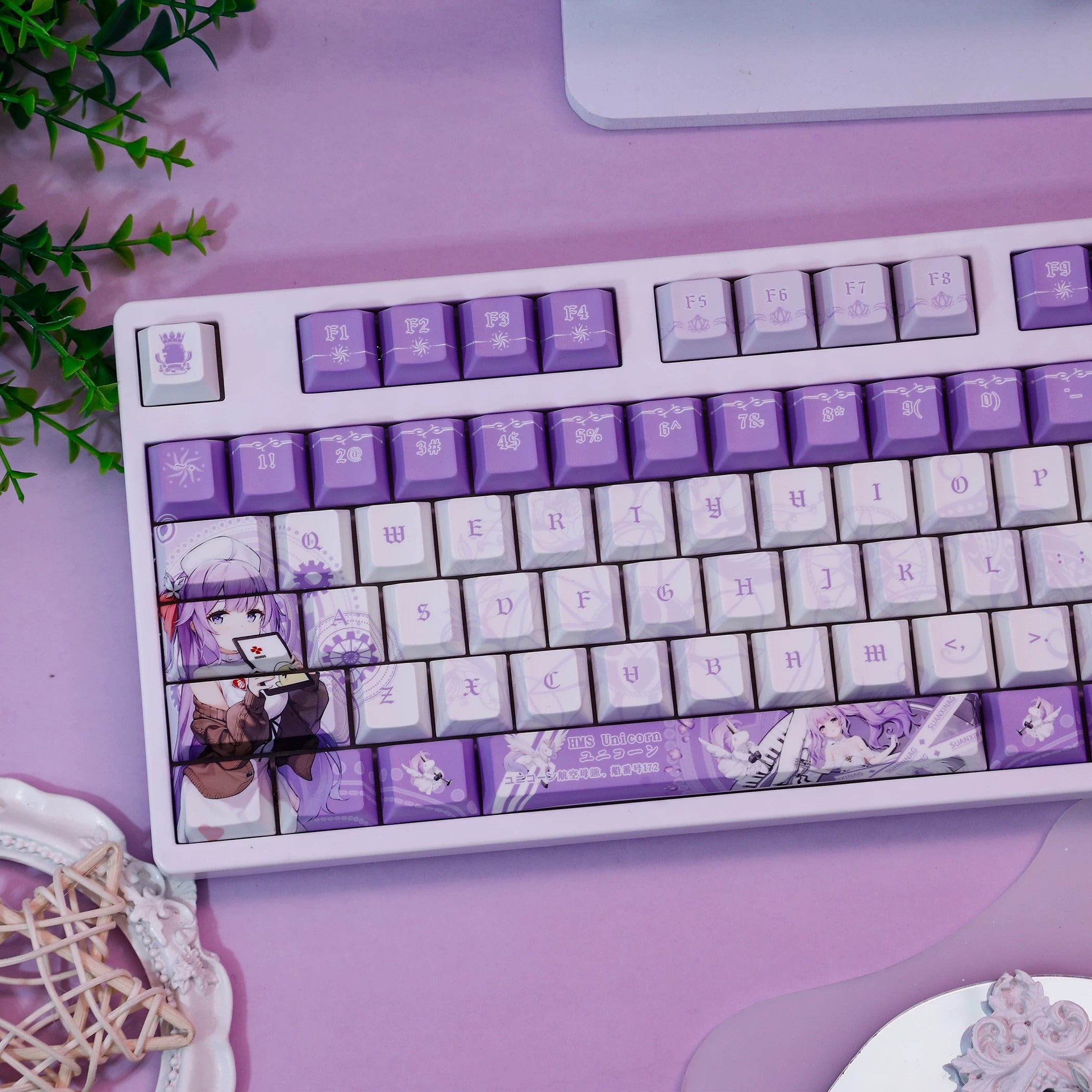 Azur Lane, HMS Unicorn theme, PBT material personalized keycap set, anime keycap culture peripheral mechanical keyboard decoration keycaps， Compatible with 61/64/68/75/84/87/104 key mechanical keyboard keycap set
