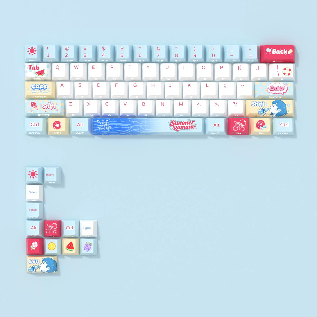 Lamune themed series, summer themed keycap set, PBT material personalized keycap set, anime and games cultural creative decoration keycap set, compatible with 61/64/68/75/84/87/104 mechanical keyboard