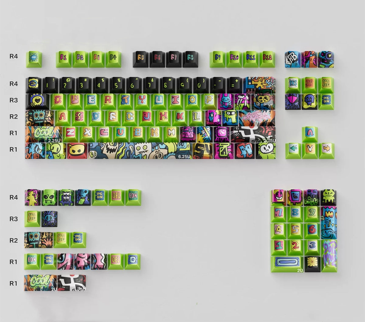 Original Design Street Graffiti Large Font metallic paint texture PBT material personalized keycaps, mechanical keyboard replacement keycap set, Compatible with 61/64/68/75/84/87/104 Key Mechanical Keyboard Keycap Set