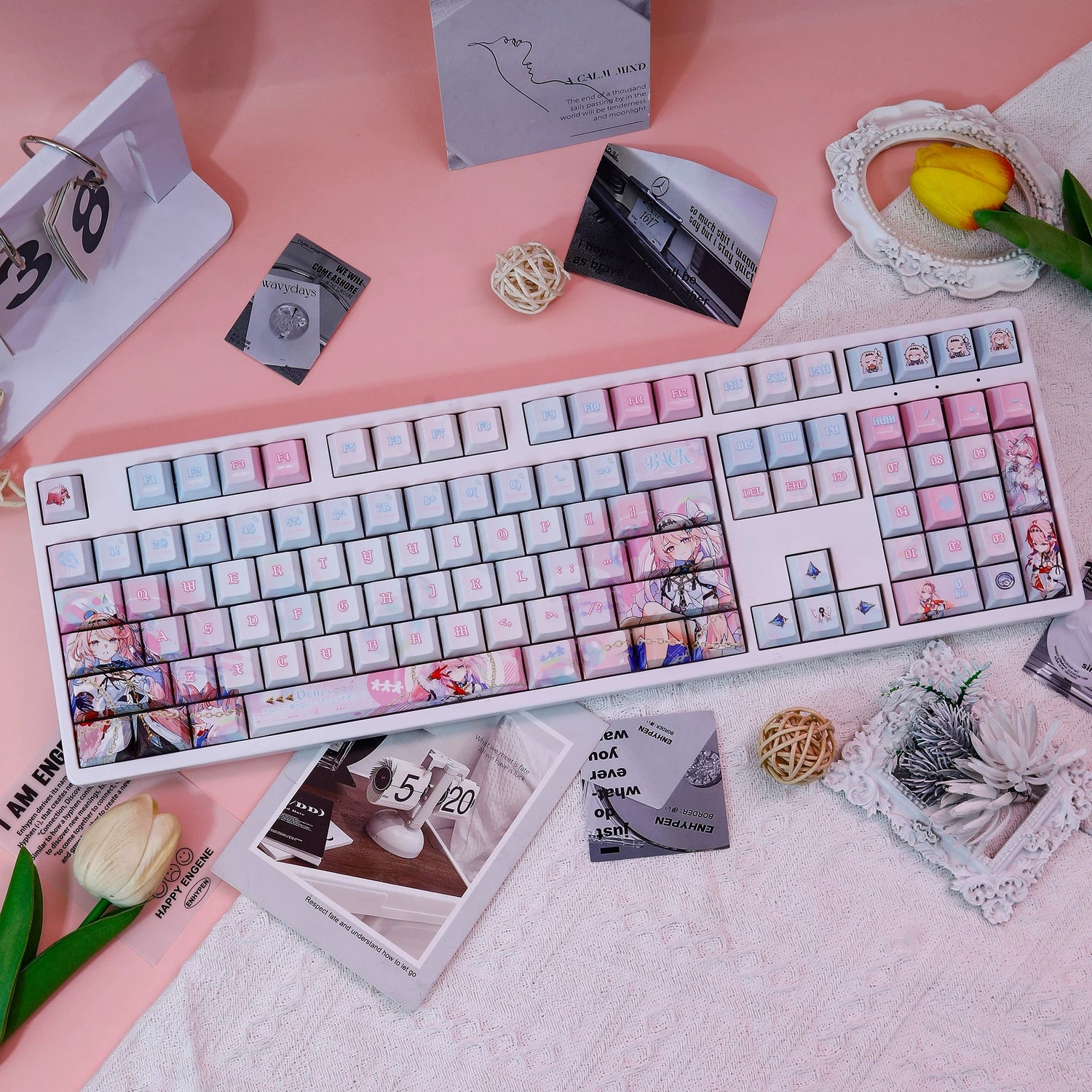 Wuthering Waves，Denia， PBT material personalized keycap set, anime keycap culture peripheral mechanical keyboard decoration keycaps， Compatible with 61/64/68/75/84/87/104 key mechanical keyboard keycap set