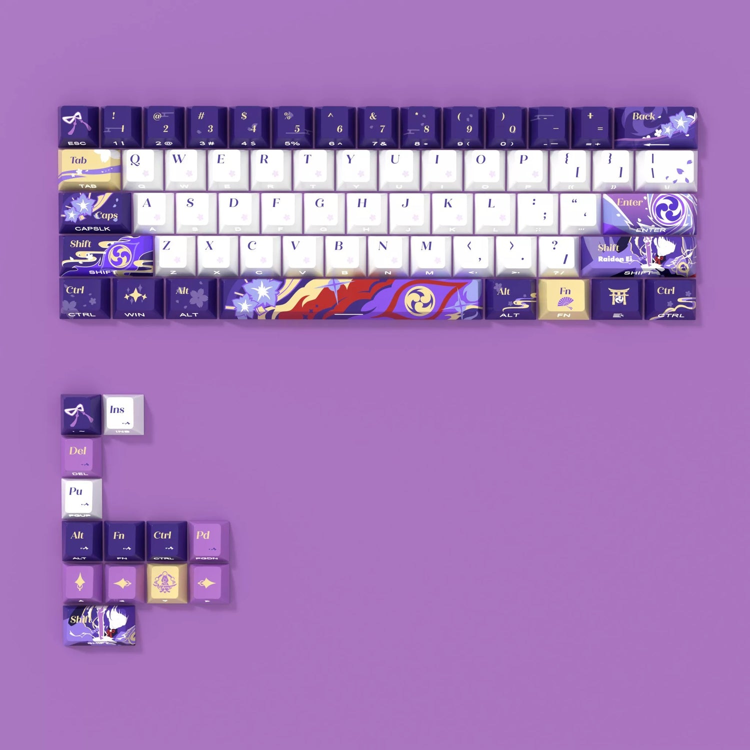 Genshin Impact themed series, Raiden Shogun themed keycap set, PBT material personalized keycap set, anime and games cultural creative decoration keycap set, compatible with 61/64/68/75/84/87/104 mechanical keyboard