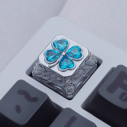 Lucky Four Leaves Clover, metal gemstone combined with personalized keycaps, lucky item mechanical keyboard decorative keycaps.