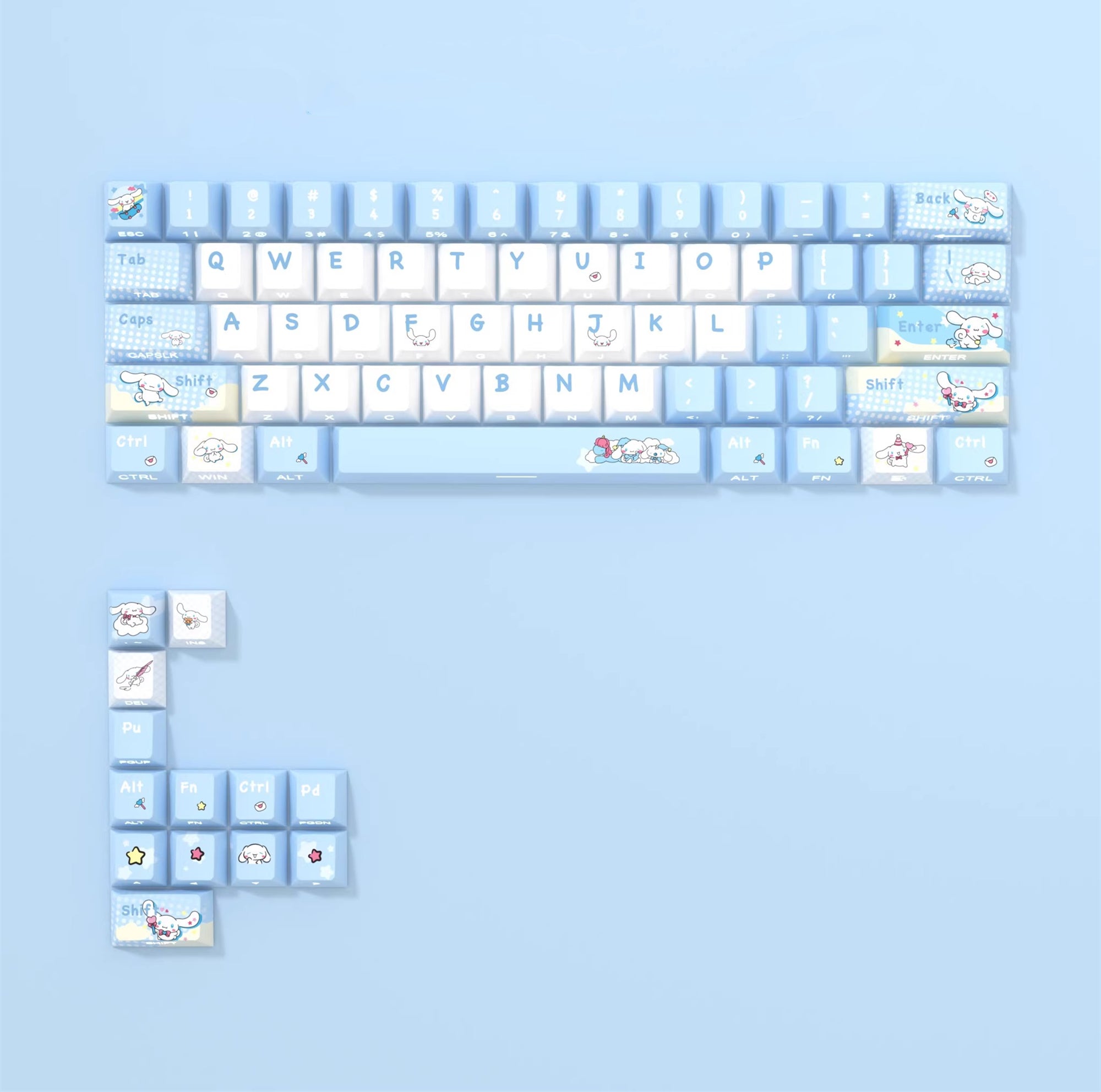 Cinnamoroll theme, cute style light blue color PBT material personalized keycap set, anime cartoon theme decorative keycap, compatible with mechanical keyboard