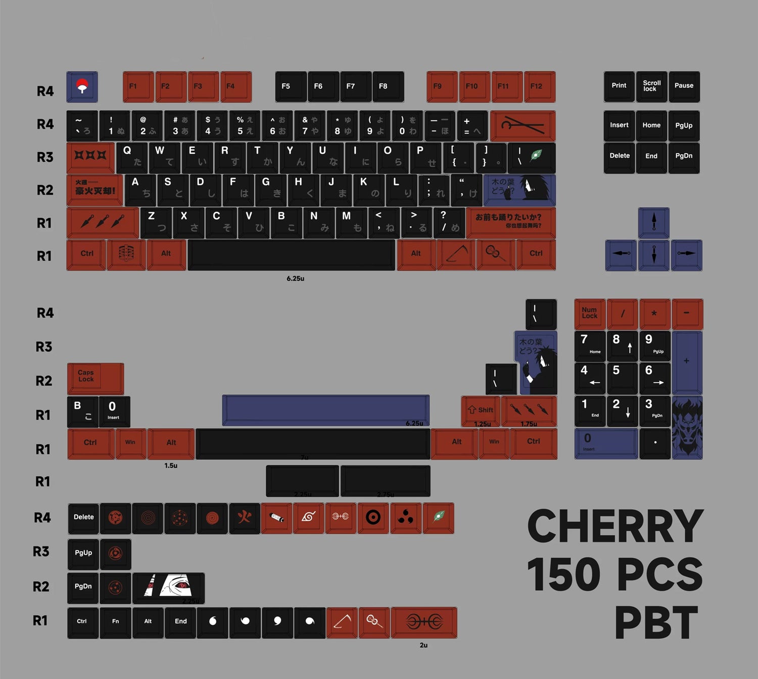 Naruto series, Uchiha Madara theme, PBT material material personalized keycap set, anime and games cultural creative decoration keycap set, compatible with 61/64/68/75/84/87/104 mechanical keyboard replacement keycap