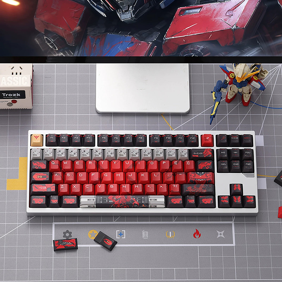 Gundam‌， SAZABI，MSN-04, There are two versions: opaque and semi transparent personalized keycaps, mechanical keyboard replacement keycap set, anime and game cultural and creative keycaps set,61/64/68/75/84/87/104 Key Mechanical Keyboard Keycap Set