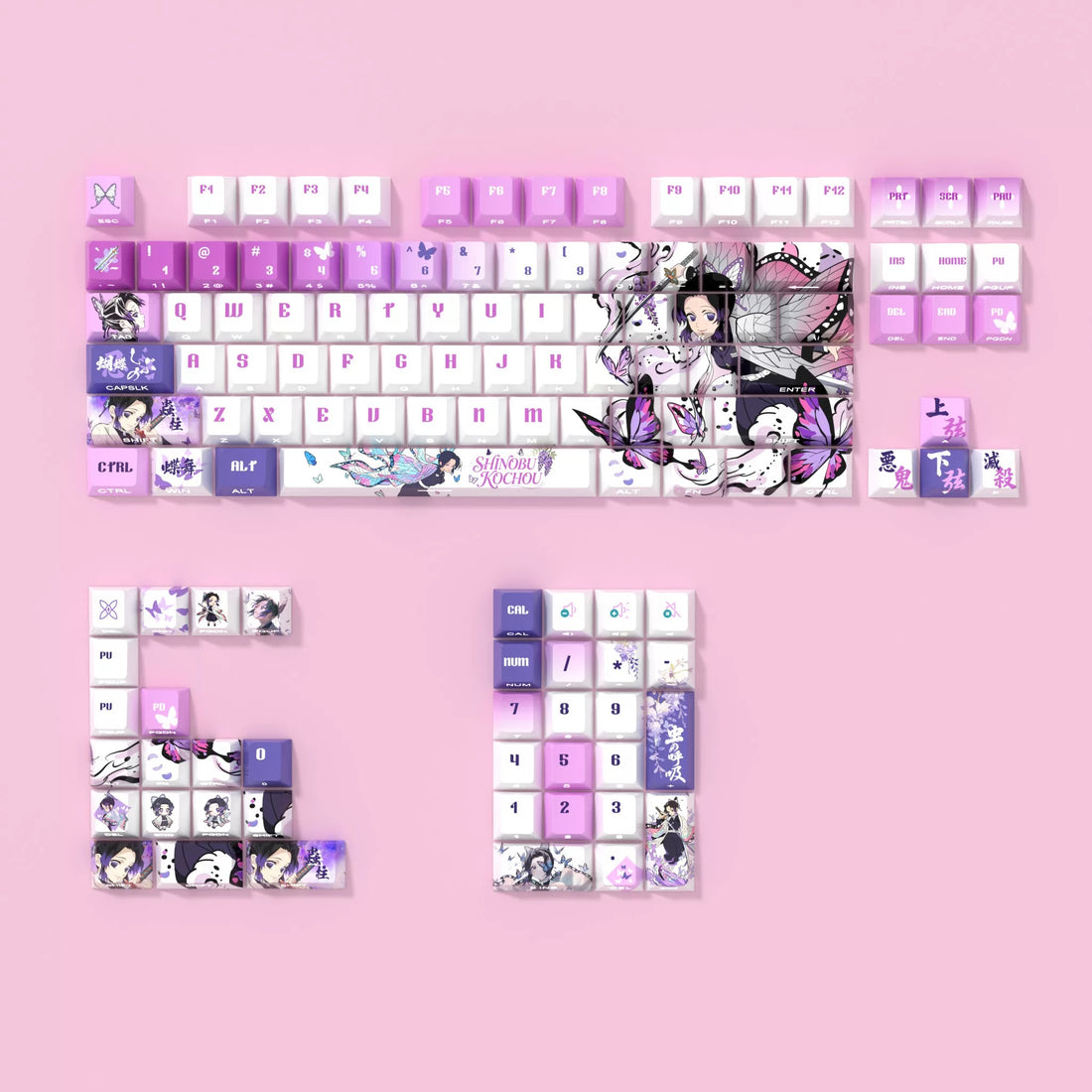 Demon Slayer: Kimetsu no Yaiba，Kochou Shinobu Theme PBT material personalized keycap set, anime cultural creative decoration keycap set, compatible with 61/64/68/75/84/87/104 mechanical keyboard
