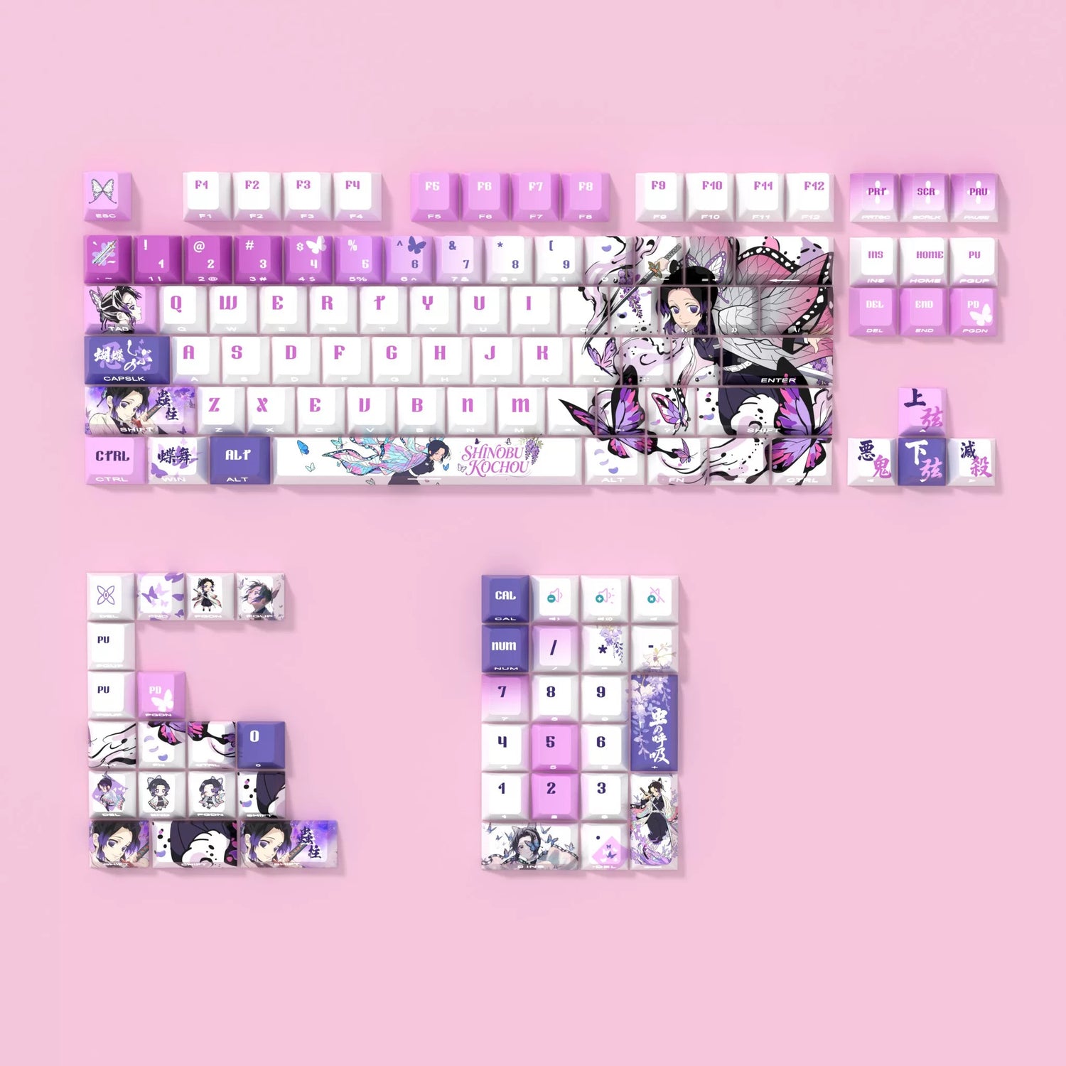 Demon Slayer: Kimetsu no Yaiba，Kochou Shinobu Theme PBT material personalized keycap set, anime cultural creative decoration keycap set, compatible with 61/64/68/75/84/87/104 mechanical keyboard