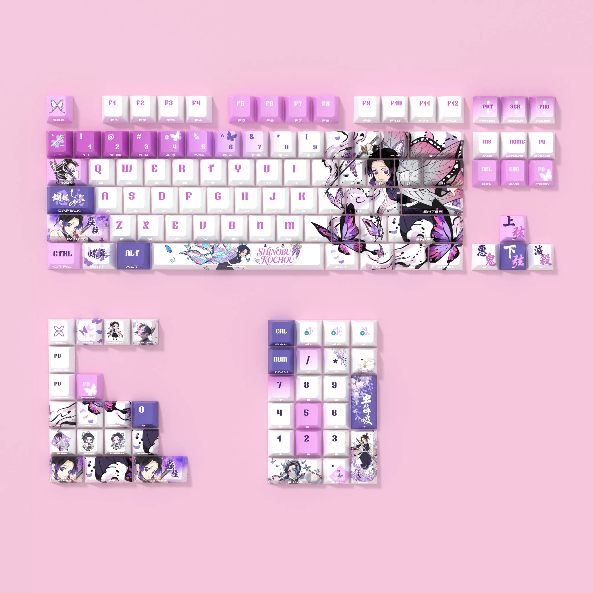Demon Slayer: Kimetsu no Yaiba，Kochou Shinobu Theme PBT material personalized keycap set, anime cultural creative decoration keycap set, compatible with 61/64/68/75/84/87/104 mechanical keyboard