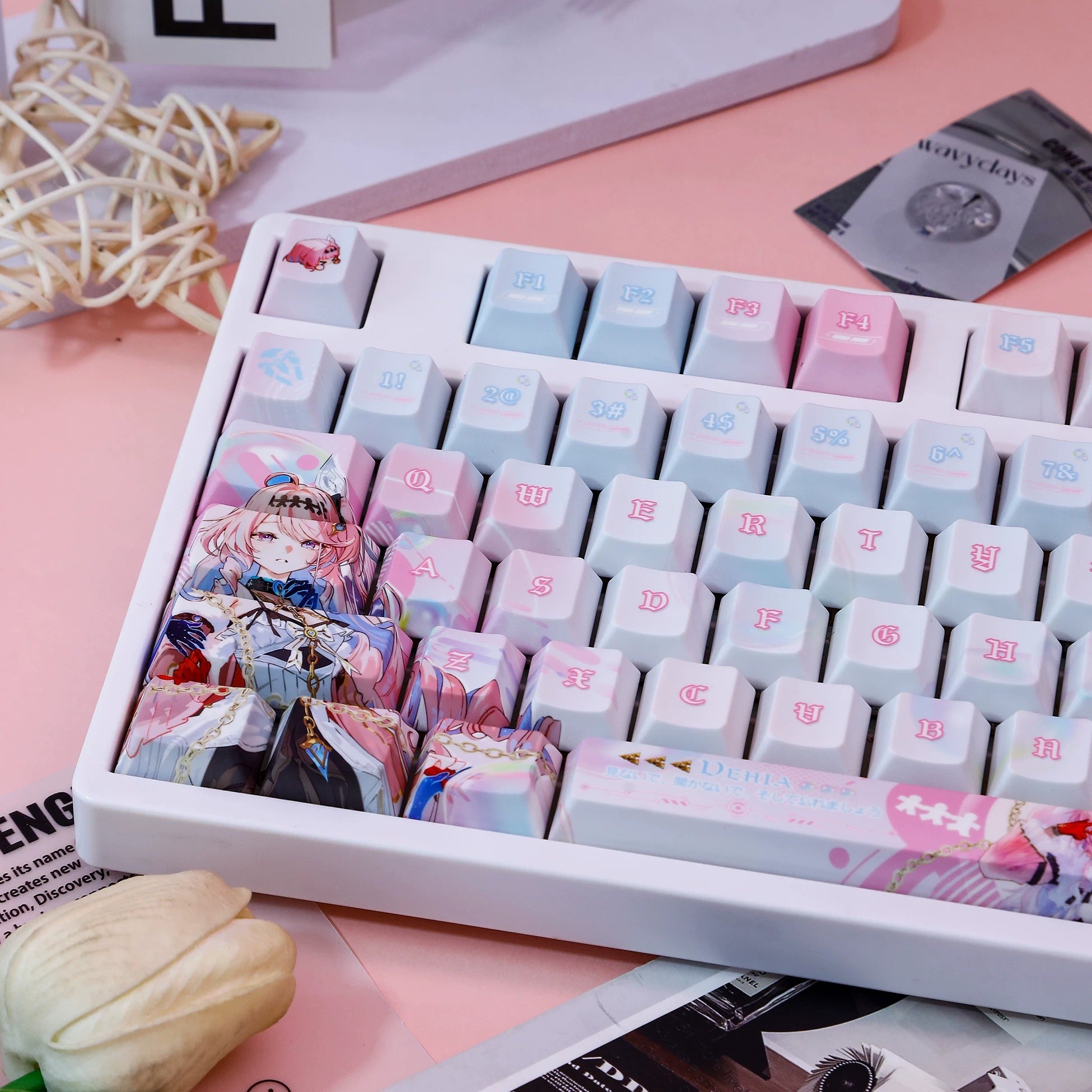 Wuthering Waves，Denia， PBT material personalized keycap set, anime keycap culture peripheral mechanical keyboard decoration keycaps， Compatible with 61/64/68/75/84/87/104 key mechanical keyboard keycap set