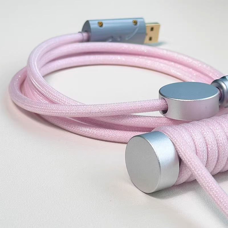 Light pink glitter handmade custom keyboard aviation plug spiral data cable