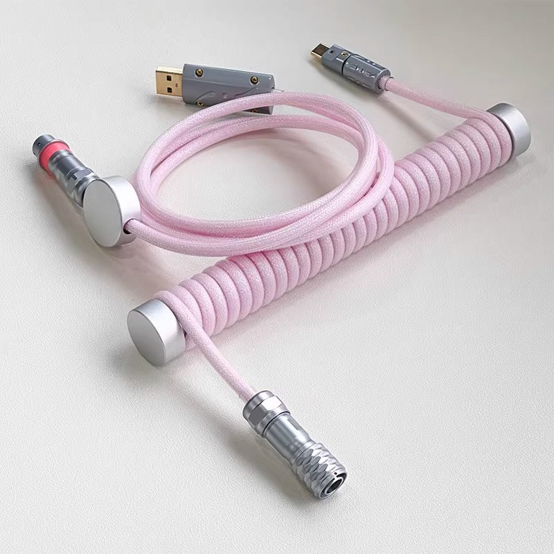 Light pink glitter handmade custom keyboard aviation plug spiral data cable