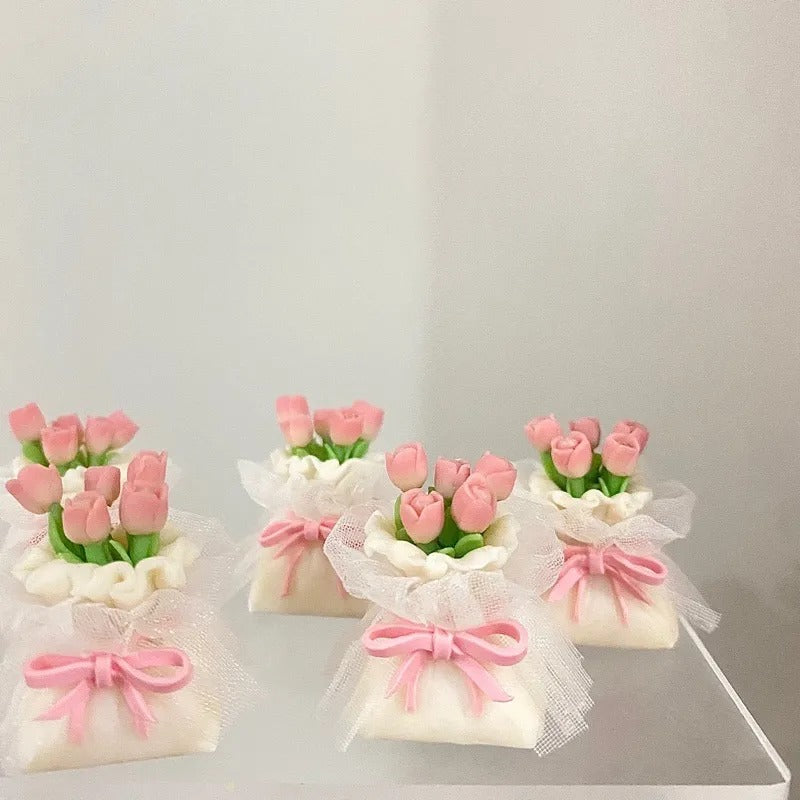 Handmade soft clay tulips, lace bouquets personalized keycaps, Valentine&