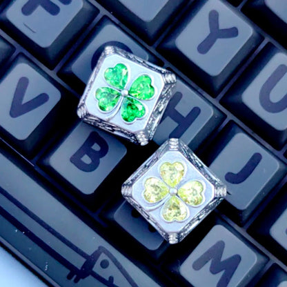 Lucky Four Leaves Clover, metal gemstone combined with personalized keycaps, lucky item mechanical keyboard decorative keycaps.