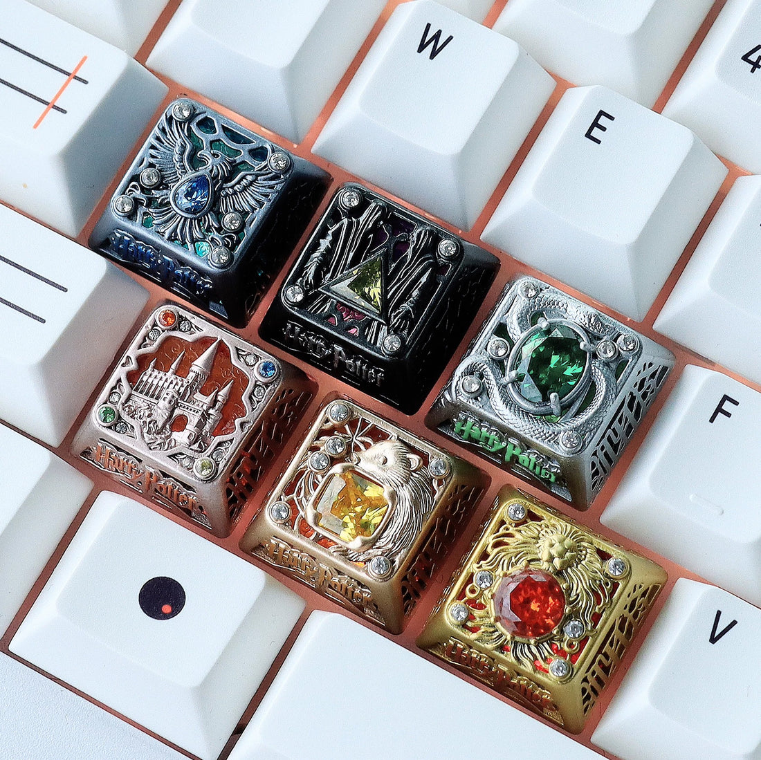 Harry Potter themed jewelry, metal translucent art, personalized keycaps, metal gemstone ornate decorative keycaps