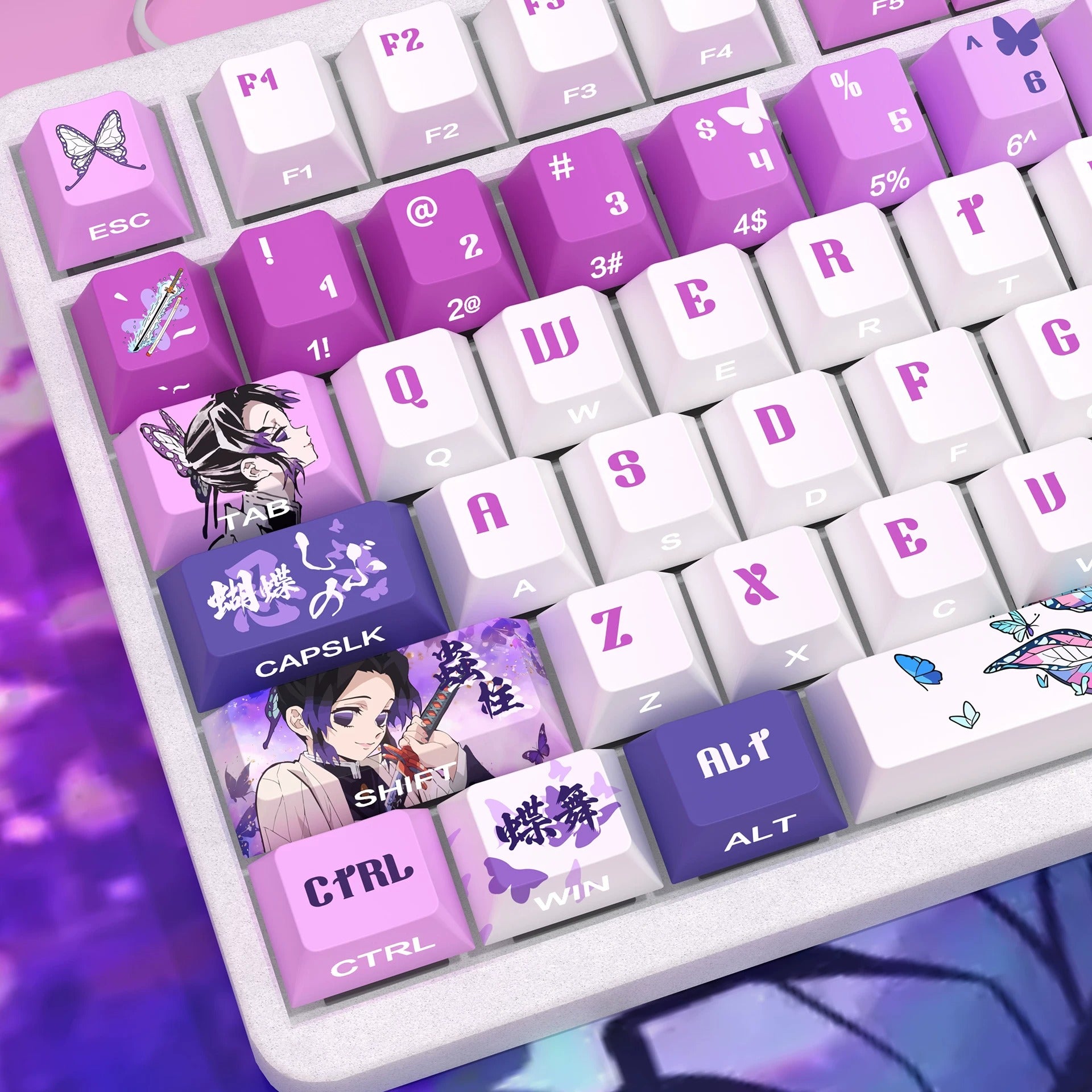 Demon Slayer: Kimetsu no Yaiba，Kochou Shinobu Theme PBT material personalized keycap set, anime cultural creative decoration keycap set, compatible with 61/64/68/75/84/87/104 mechanical keyboard