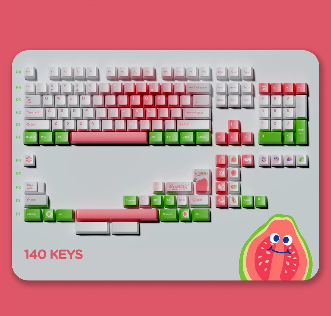 Original design Psidium guajava L. gradient PBT material personalized keycap set, creative keycap set, fruit themed keycap design, Compatible with 61/64/68/75/84/87/104 key mechanical keyboard keycap set