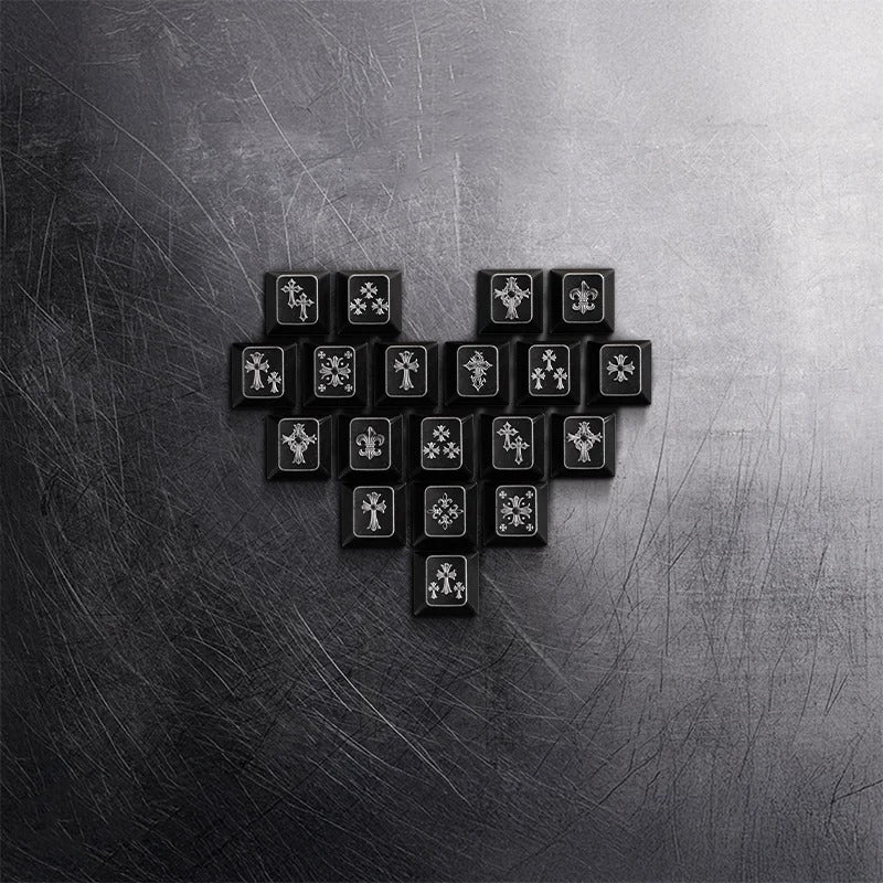 Vintage cross made of metal material, metal set retro medieval Gothic style creative keycap，Love type area/21 pieces/ a set mechanical keyboard, creative computer desktop matching keycaps, Mechanical keyboard decorative keycaps