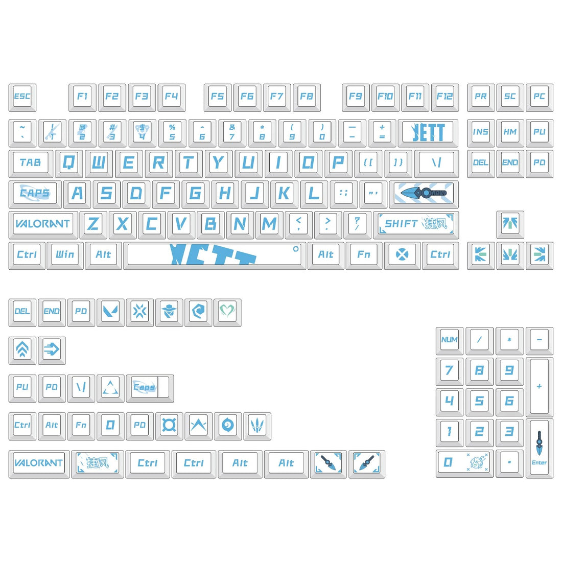 VALORANT series, Jett themed PBT material personalized keycap set, anime and games cultural creative decoration keycap set, compatible with 61/64/68/75/84/87/104 mechanical keyboard