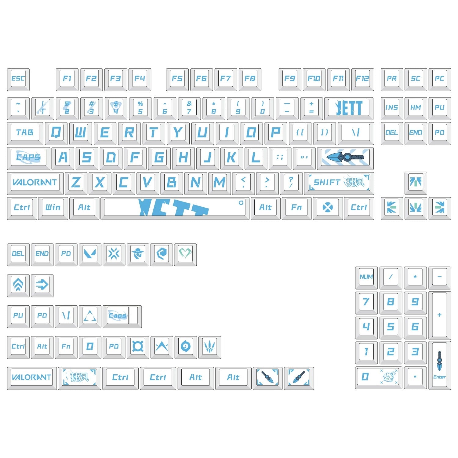VALORANT series, Jett themed PBT material personalized keycap set, anime and games cultural creative decoration keycap set, compatible with 61/64/68/75/84/87/104 mechanical keyboard