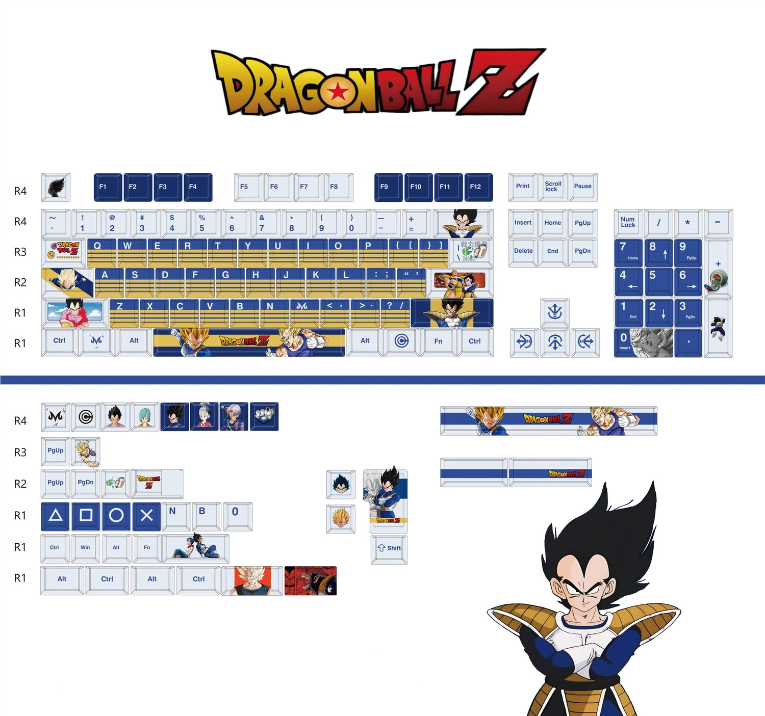 Dragon Ball series, Son Goku/Vegeta IV/Frieza, PBT material personalized keycap set, anime and game cultural and creative decorative keycap set, compatible with 61/64/68/75/84/87/104 mechanical keyboards