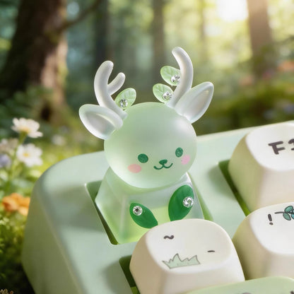 Original Forest Deer Keycap Resin Personalized Keycap Mist White/Light Green Mist Surface Half Transparent Hand Drilled/Hand drawn Deer Horn Leaves