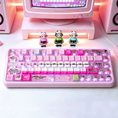 The Powerpuff Girls Season theme, pink keycap set PBT+PC material personalized keycap set, anime and games cultural creative decoration keycap set, compatible with 61/64/68/75/84/87/104 mechanical keyboard