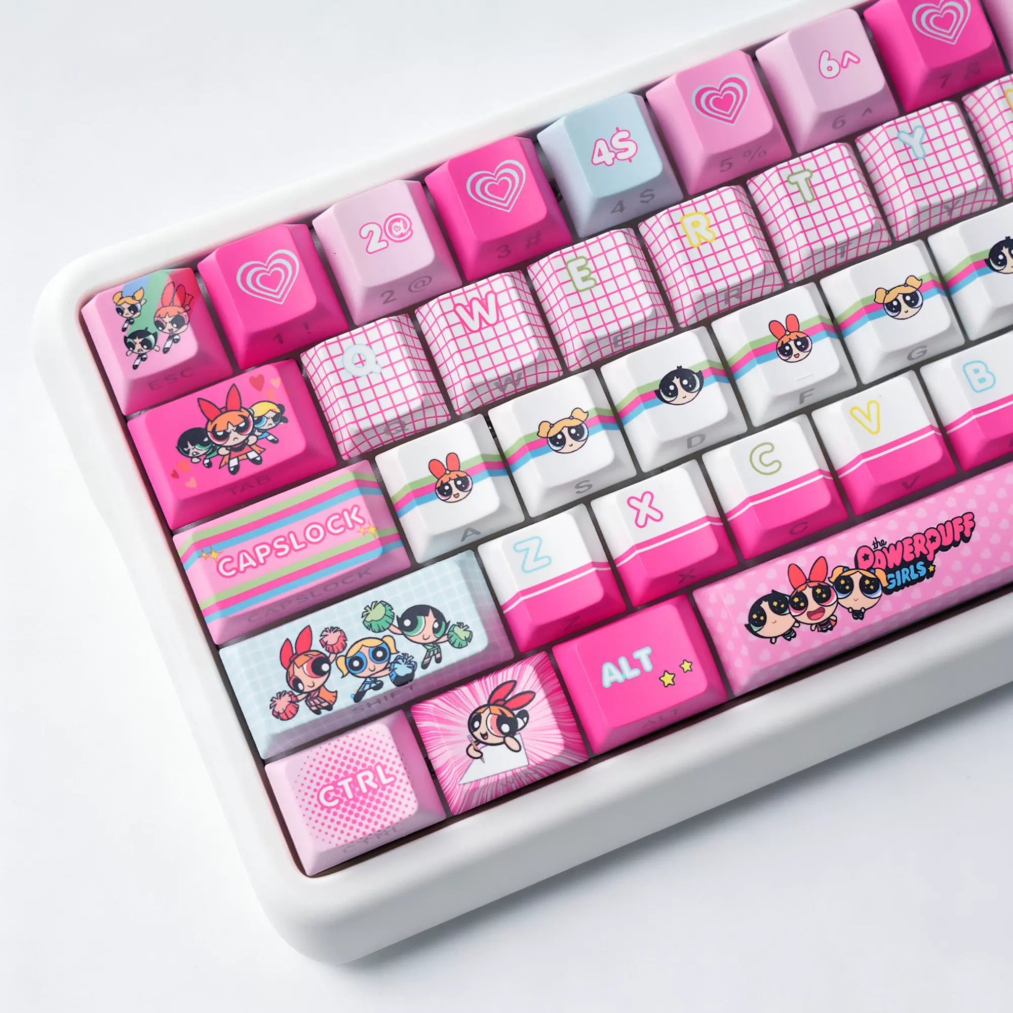 The Powerpuff Girls Season theme, pink keycap set PBT+PC material personalized keycap set, anime and games cultural creative decoration keycap set, compatible with 61/64/68/75/84/87/104 mechanical keyboard