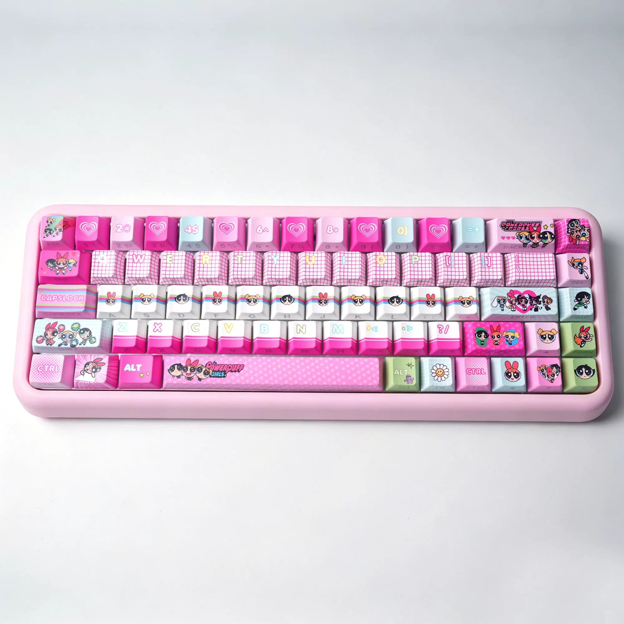 The Powerpuff Girls Season theme, pink keycap set PBT+PC material personalized keycap set, anime and games cultural creative decoration keycap set, compatible with 61/64/68/75/84/87/104 mechanical keyboard