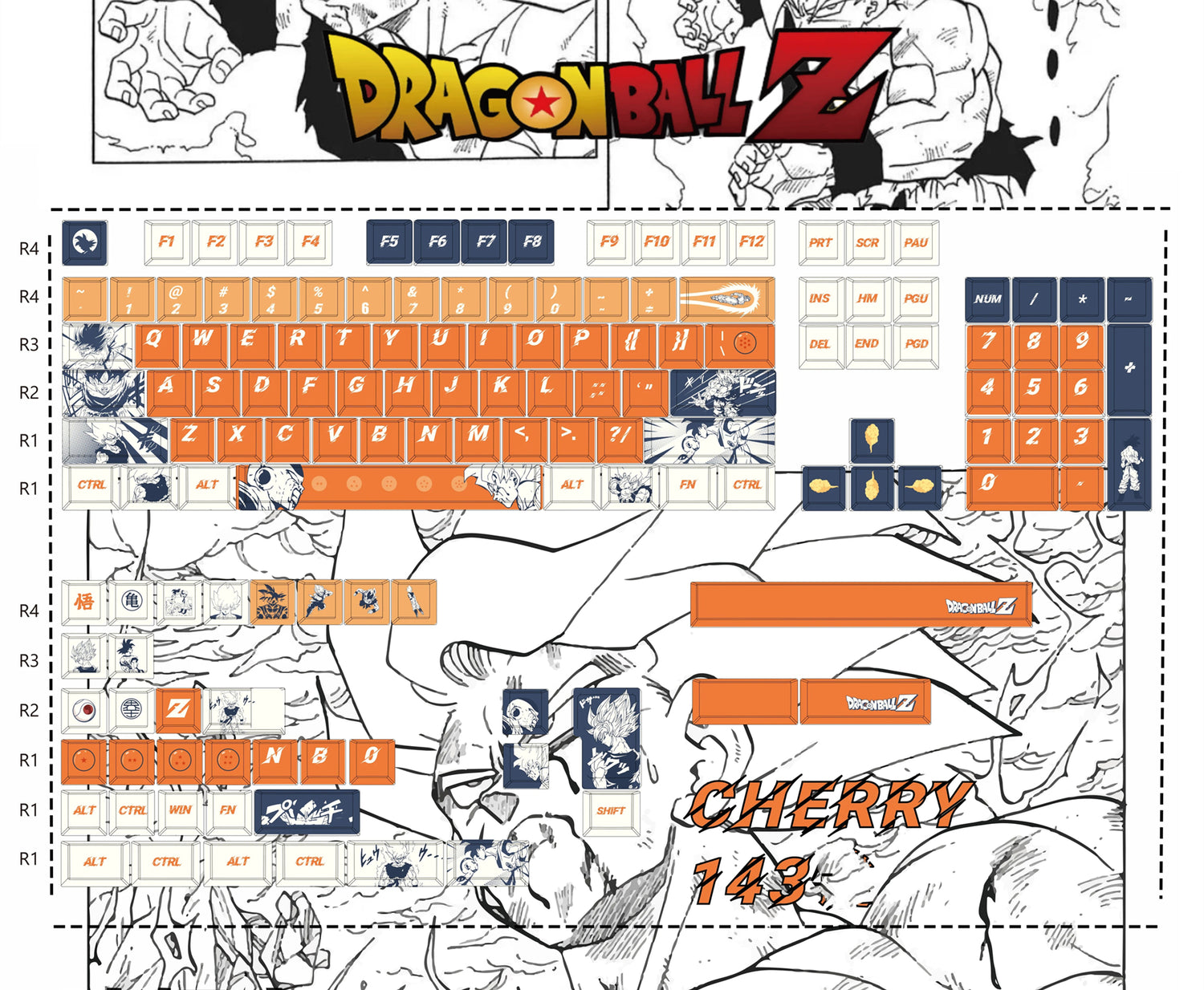 Dragon Ball series, Son Goku/Vegeta IV/Frieza, PBT material personalized keycap set, anime and game cultural and creative decorative keycap set, compatible with 61/64/68/75/84/87/104 mechanical keyboards
