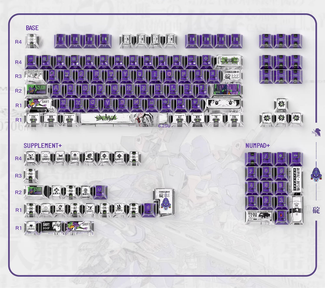 EVA series, EVANGELION-01 theme, comic style PBT keycap with folded edges and transparent five sided heat sublimation mechanical keyboard decoration keycap, compatible with 61/64/68/75/84/87/104 key mechanical keyboard keycap set