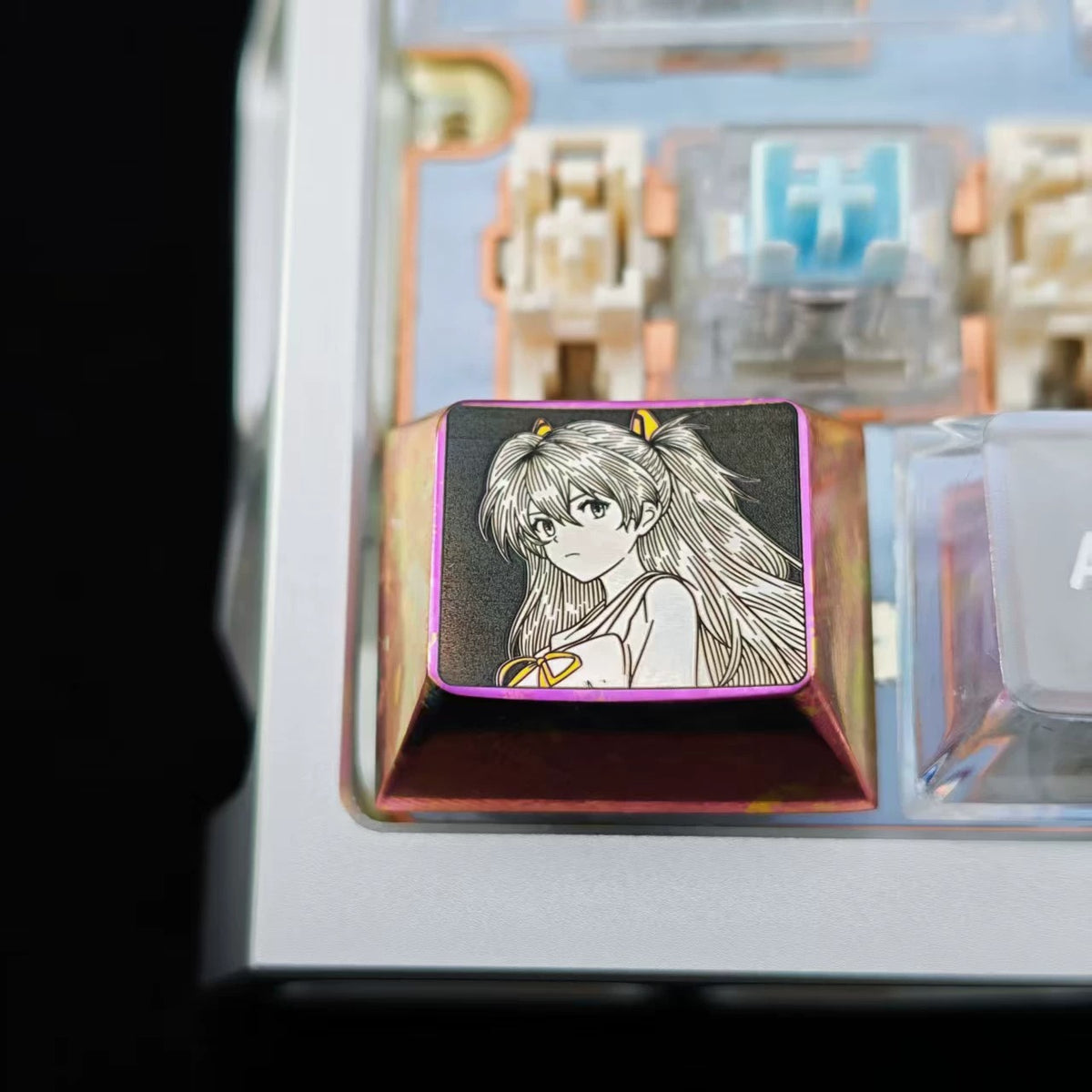 EVA, Asuka themed intricately carved lines 1.25 U titanium alloy metal personalized keycaps, anime and game character peripheral products, decorative keycaps.