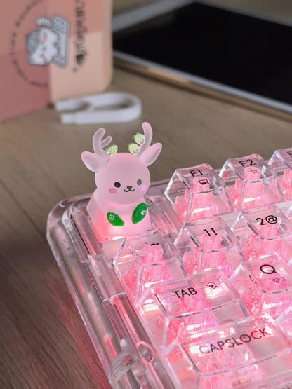 Original Forest Deer Keycap Resin Personalized Keycap Mist White/Light Green Mist Surface Half Transparent Hand Drilled/Hand drawn Deer Horn Leaves