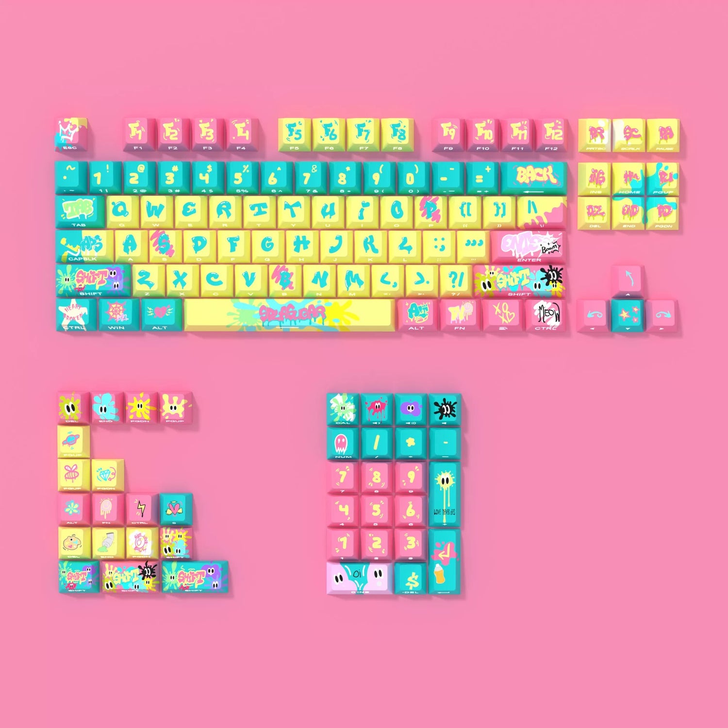 Gum graffiti theme design, PBT material personalized keycap set, anime and games cultural creative decoration keycap set, compatible with 61/64/68/75/84/87/104 mechanical keyboard