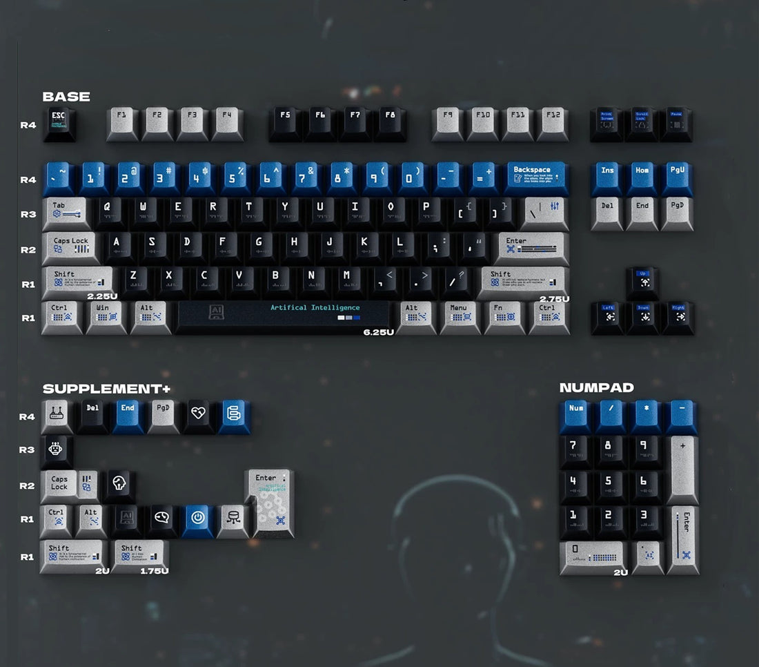 Artificial intelligence themed design, personalized key cap set with metallic paint texture, AI intelligent mechanical keyboard decorative keycaps, compatible with 61/64/68/75/84/87/104 key mechanical keyboard