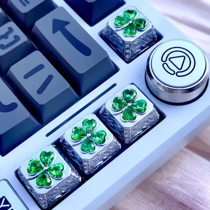 Lucky Four Leaves Clover, metal gemstone combined with personalized keycaps, lucky item mechanical keyboard decorative keycaps.