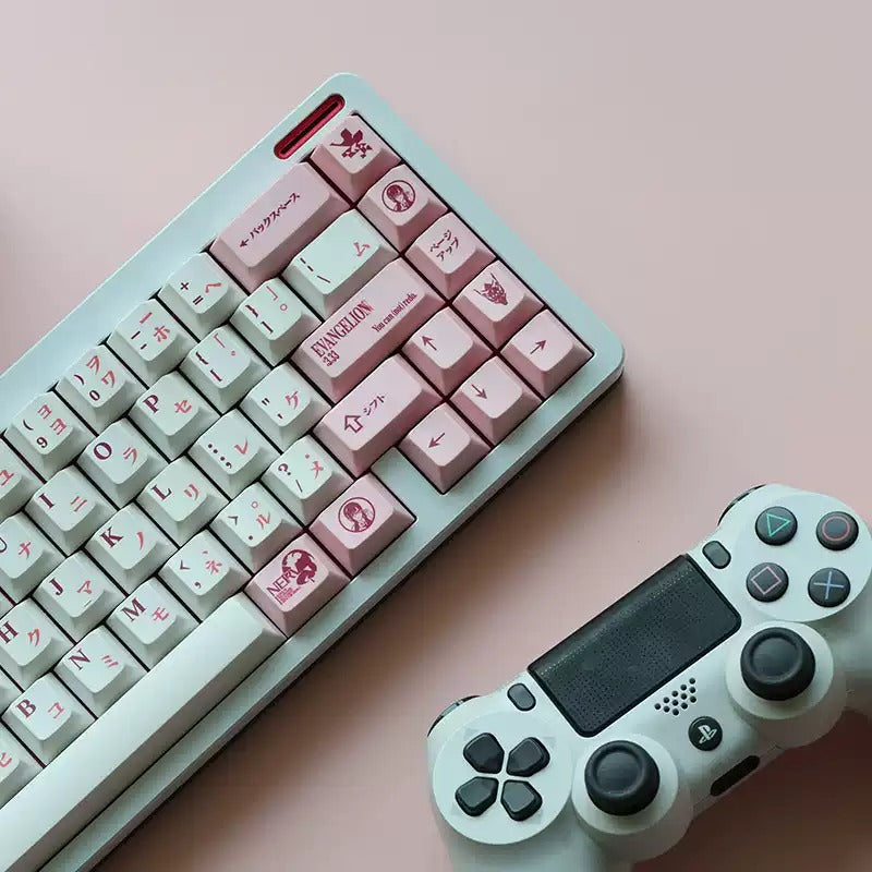 EVA series, EVA-08 pink PBT thermal sublimation complete set factory height， Mechanical keyboard decoration replaces keycaps, Compatible with 61/64/68/75/84/87/104 Key Mechanical Keyboard Keycap Set