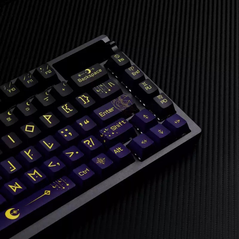 Night Sky Fantasy Theme Design with Large Characters PBT material personalized keycap set, mechanical keyboard replacement decorative keycaps, Starry Sky Divination Keycaps Compatible with 61/64/68/75/84/87/104 Key Mechanical Keyboards