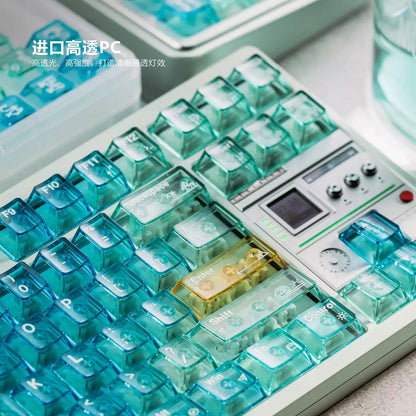 Summer seaside theme, PC material, pure transparent Original Factory Height,  mechanical keyboard replacement keycap set, Compatible with 61/64/68/75/84/87/104 Key Mechanical Keyboard Keycap Set