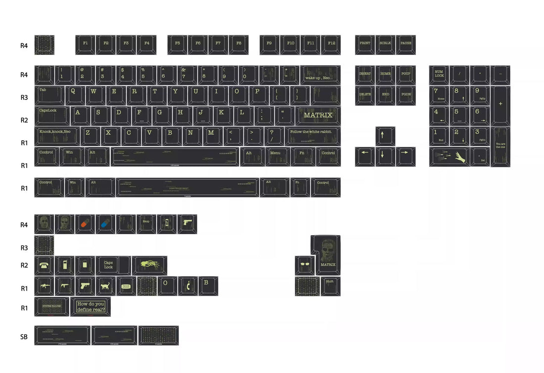 The Matrix Theme personalized keycap set, made of PBT material and featuring five sided heat sublimation technology keycaps with original factory height