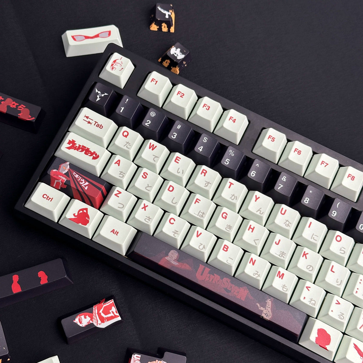UltraSeven theme, PBT material, sublimation， Anime games Personalized keycap set, original factory height mechanical keyboard decorative keycap set，anime keycap set suitable for 61/64/68/75/84/87/104 Key Mechanical Keyboard