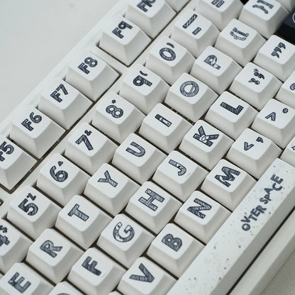 White astronaut theme, space UFO creative design big characters PBT material personalized keycap set, creative decorative keycap set, compatible with 61/64/68/75/84/87/104 mechanical keyboard replacement keycap