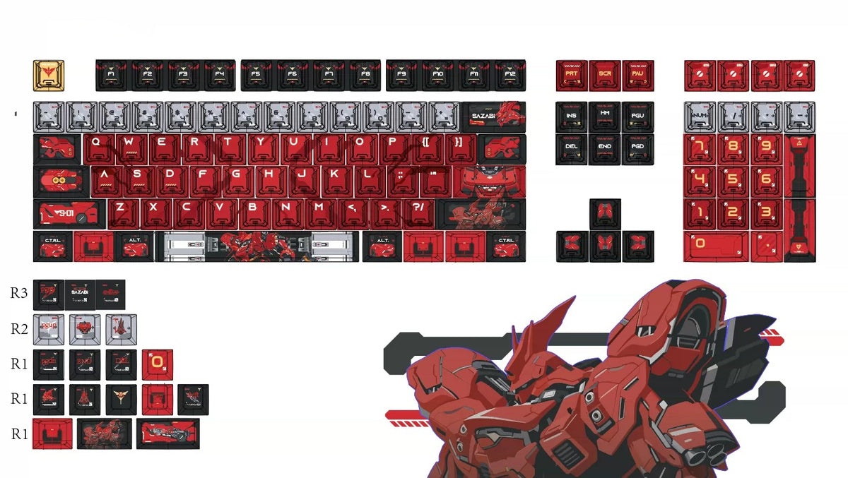 Gundam‌， SAZABI，MSN-04, There are two versions: opaque and semi transparent personalized keycaps, mechanical keyboard replacement keycap set, anime and game cultural and creative keycaps set,61/64/68/75/84/87/104 Key Mechanical Keyboard Keycap Set