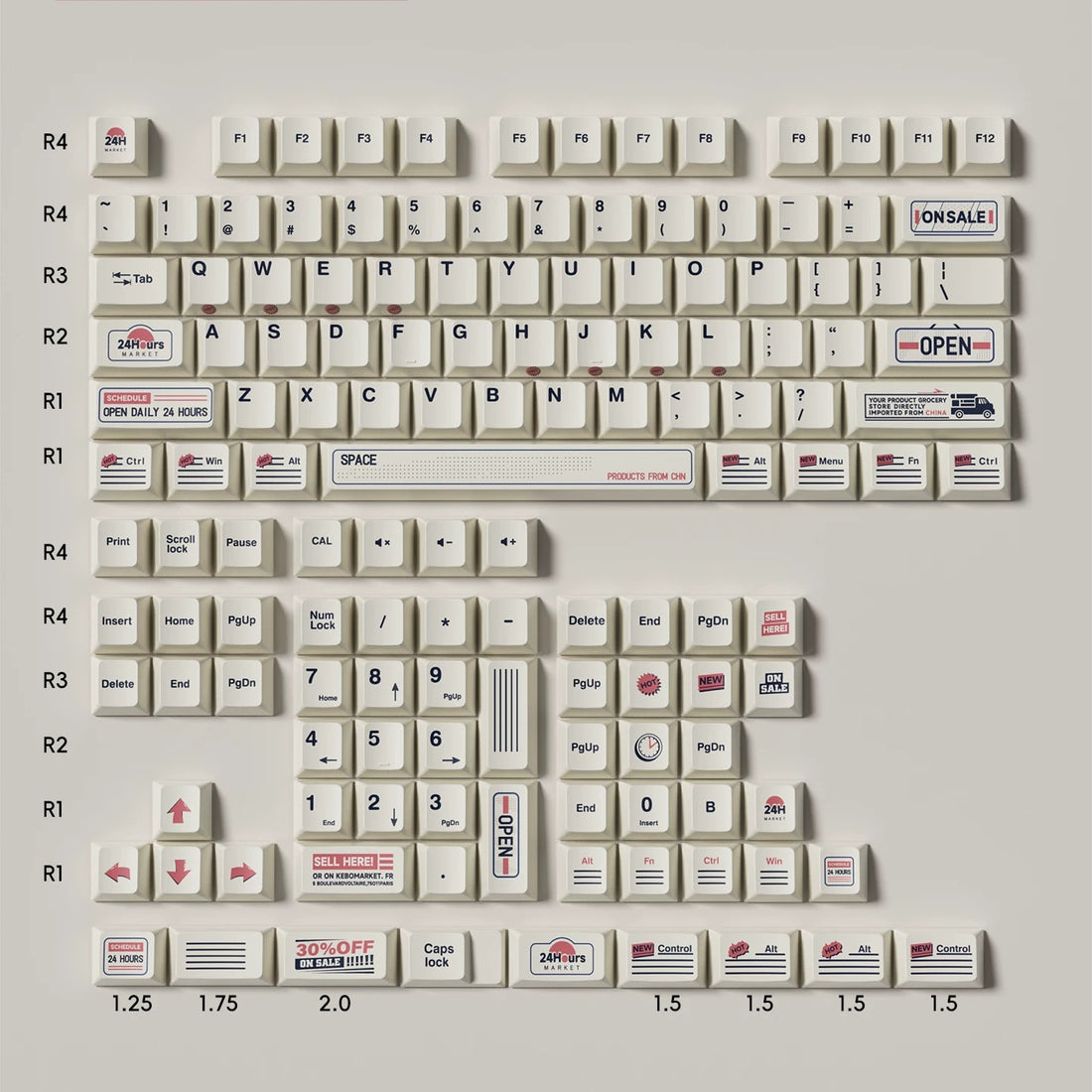Convenience store themed design, PBT material personalized keycap set, mechanical keyboard replacement decorative keycaps, compatible with 61/64/68/75/84/87/104 key mechanical keyboard